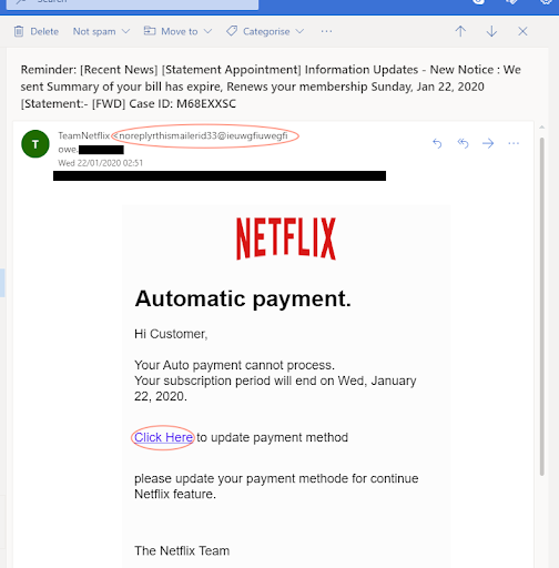 Gmail spoof email example with link and account 