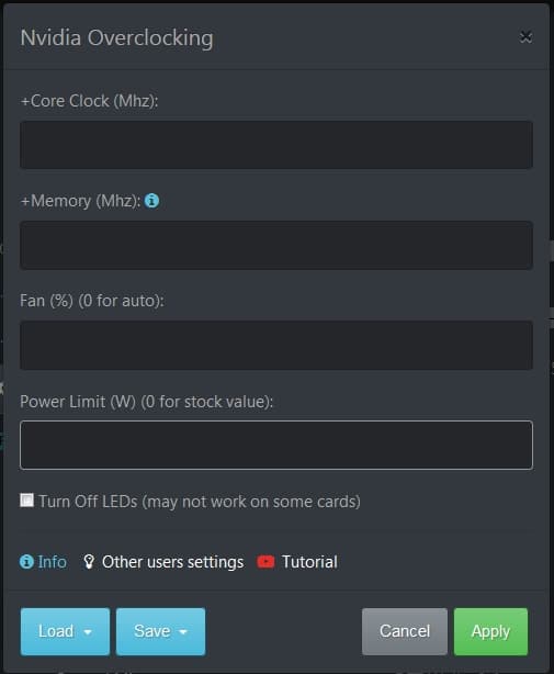 Overclocking settings for video cards Hive OS