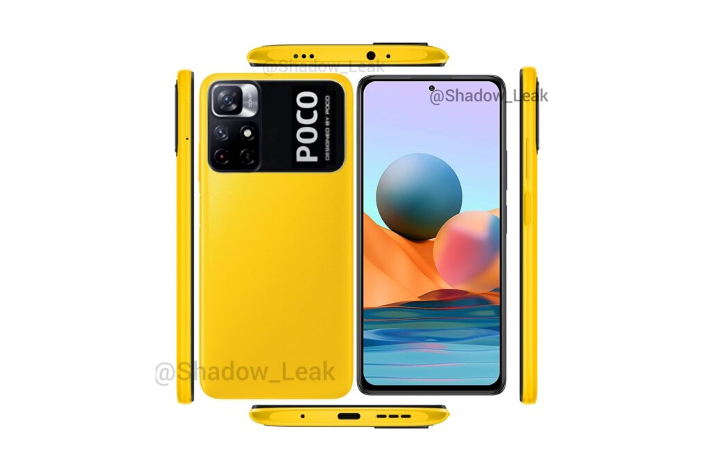 The yellow Poco M4 Pro 5G poses on a new render