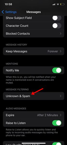 Tap on the Unknown and spam option.