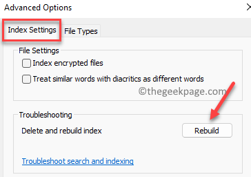 Advanced options Rebuilding the index settings