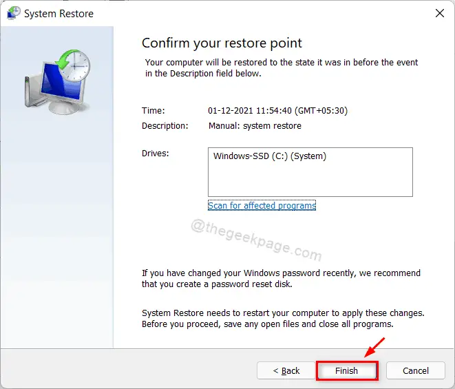 Restore system by clicking Finish 11zon