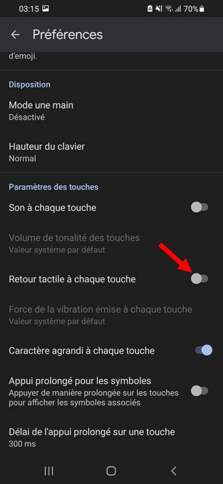 Disable tactile feedback with each key