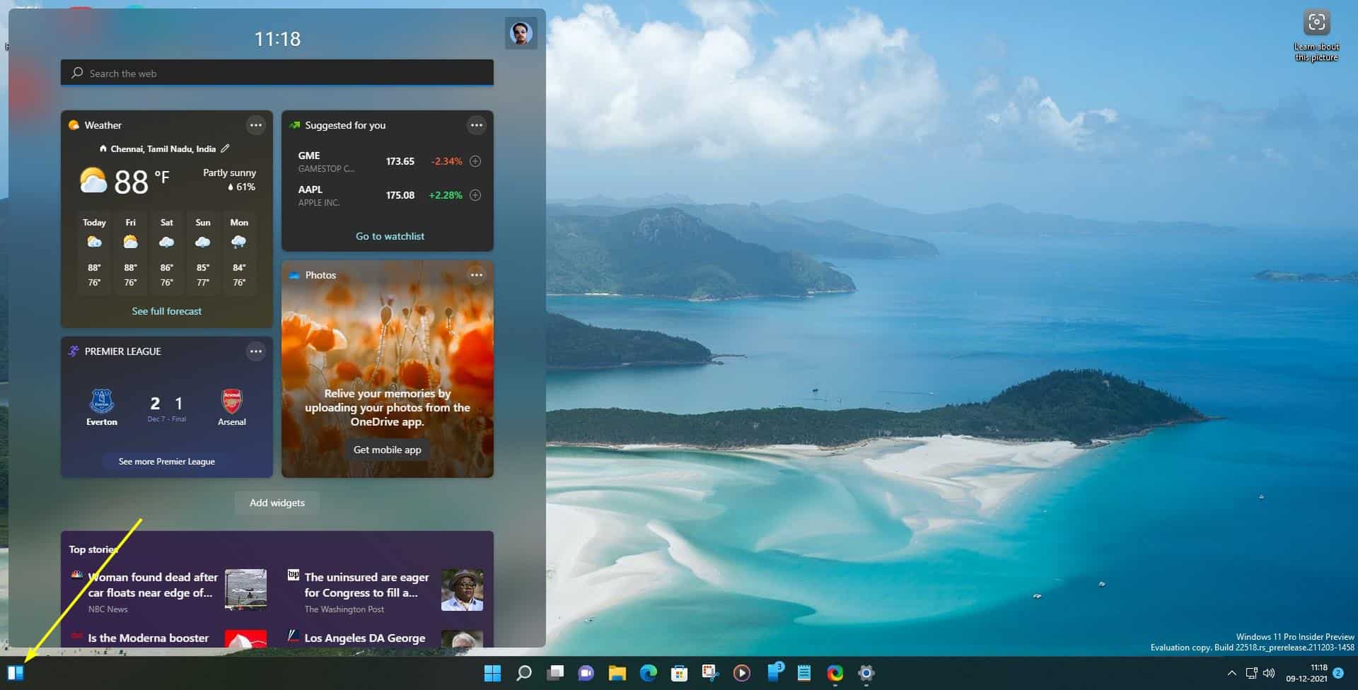 Windows 11 Insider Preview Build 22518 new widget button position