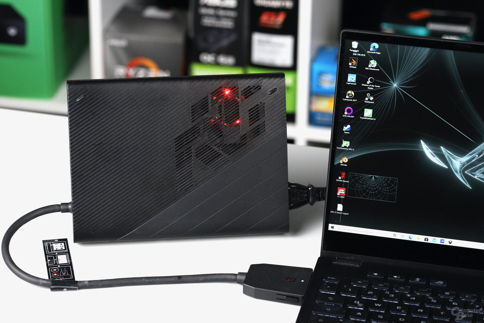 The external ROG XG Mobile contains a GeForce RTX 3080 laptop GPU with 150 watts