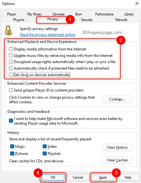 Windows Media Player Options Privacy Uncheck Enhanced Playback Options Min.