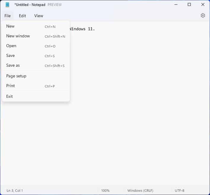 new windows 11 notepad file menu