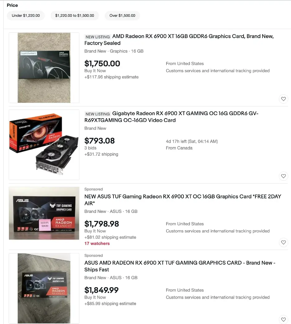 Prices for 6900 XT on eBay.