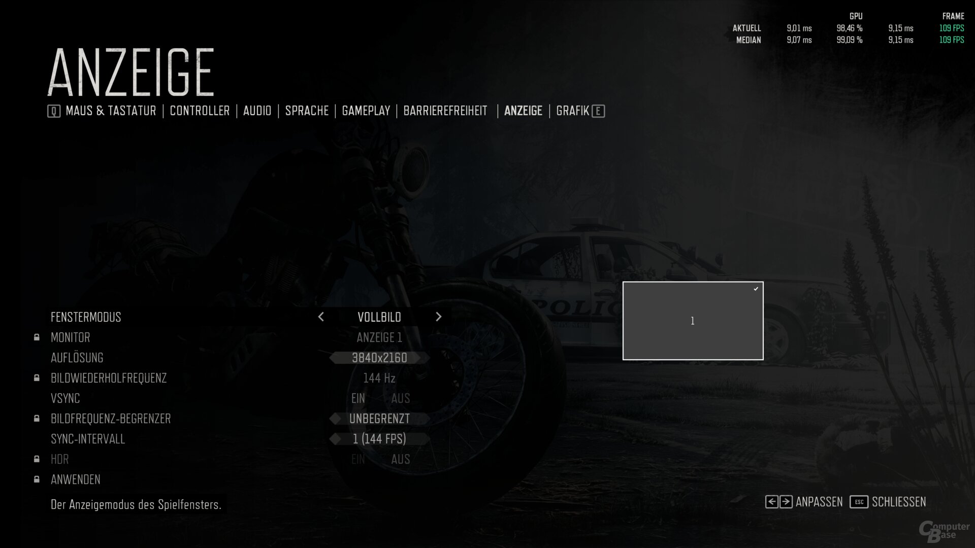 The Days Gone graphics menu