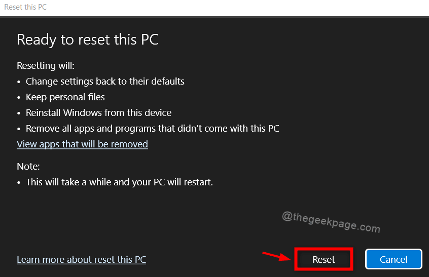Reset button to completely restart Windows 11zon