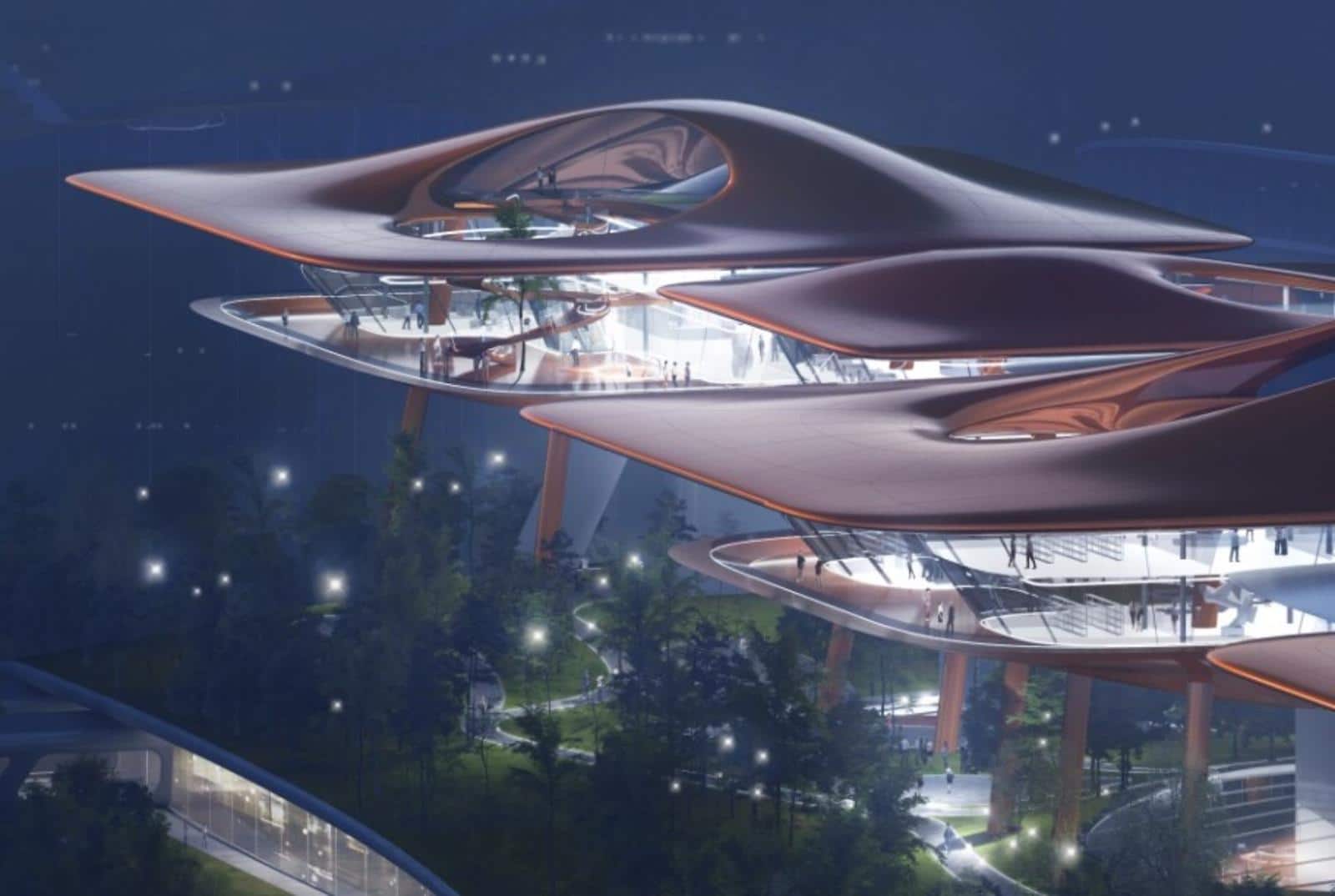 A Chinese ferry terminal like an alien facility.  This is the Cuntan International Cruise Center project