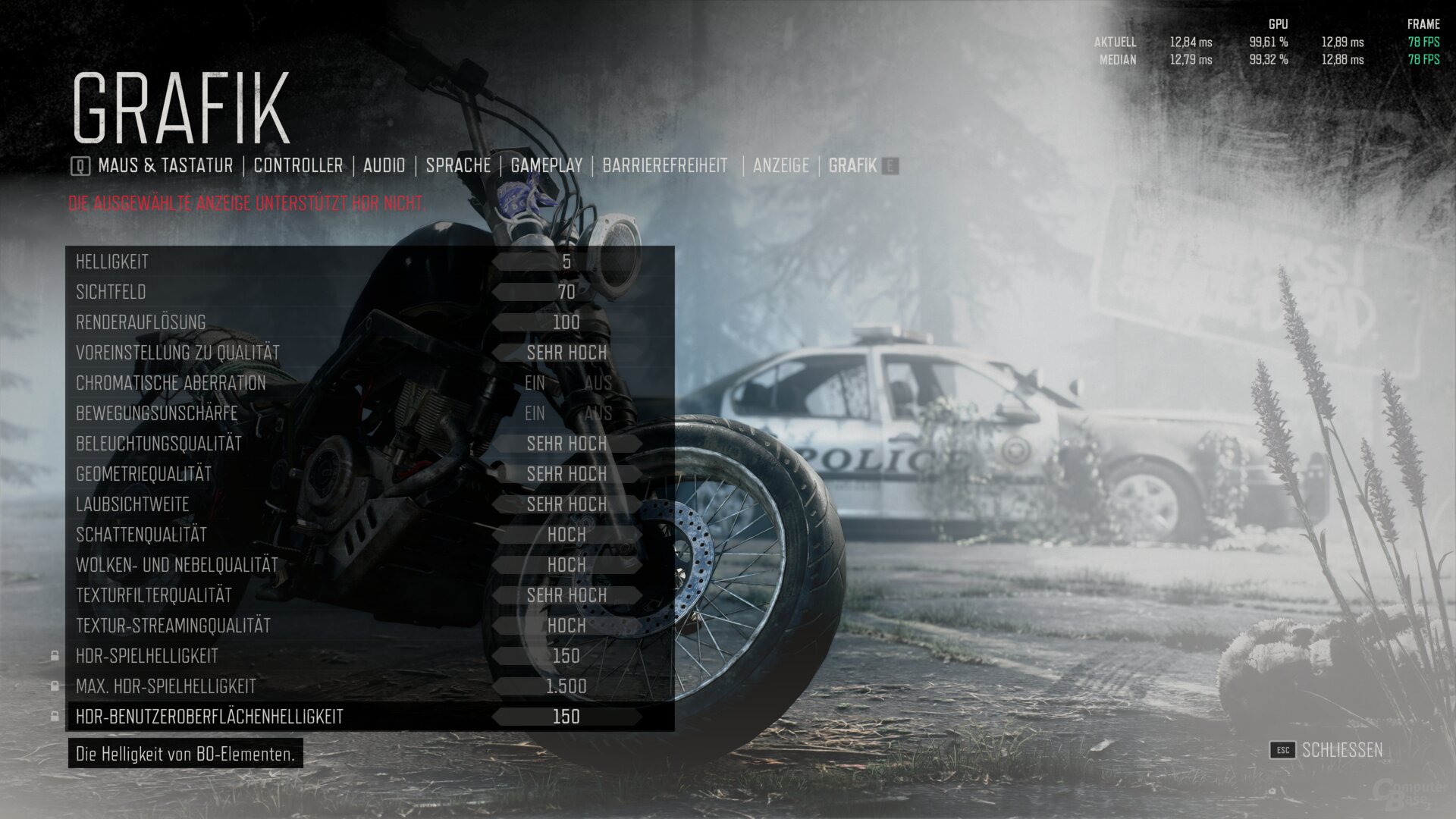 The Days Gone graphics menu