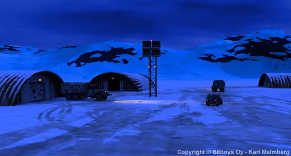 Screenshot der Glaze3D-Techdemos: Militärbasis in der Nacht