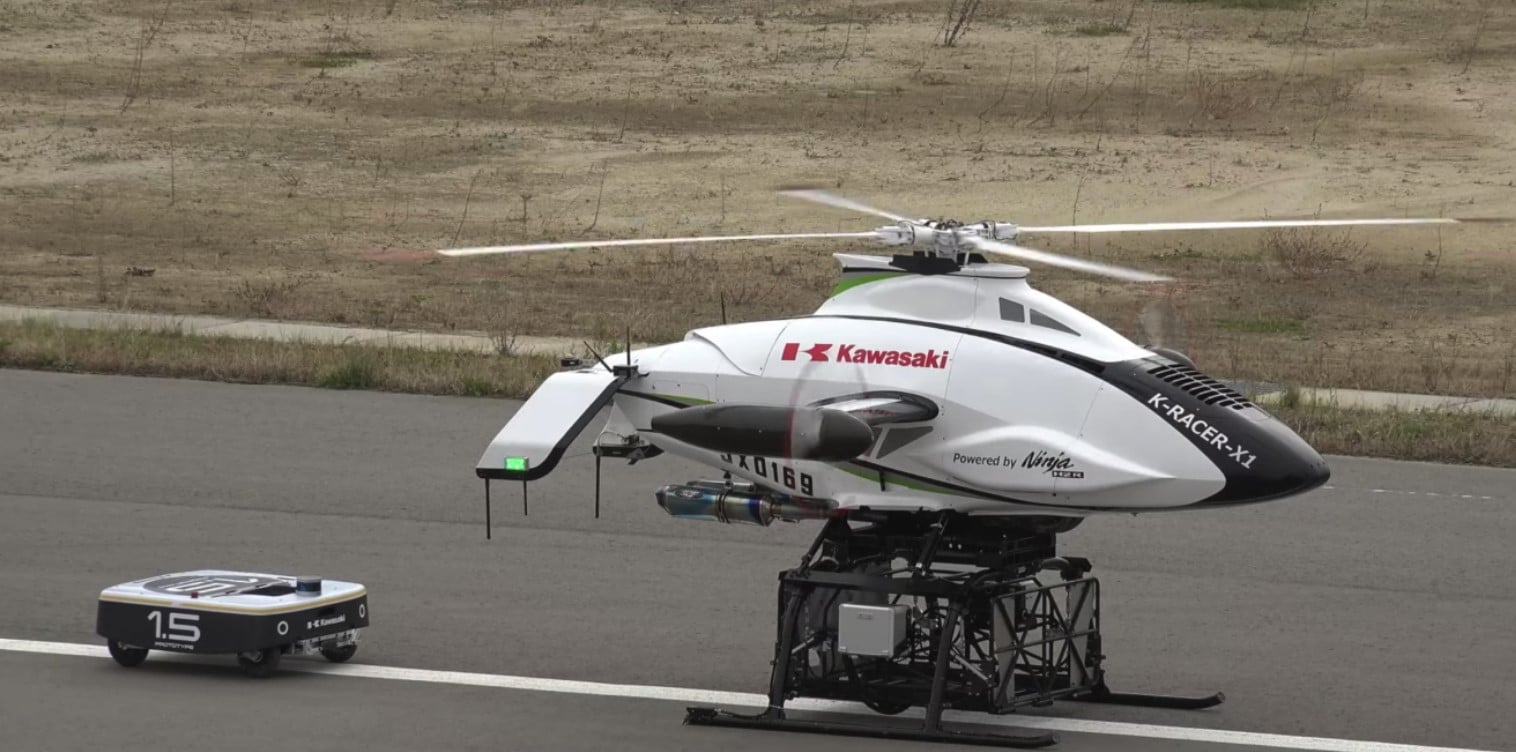 Kawasaki unveiled a helicopter powered by a hypermotor and its ground crew
