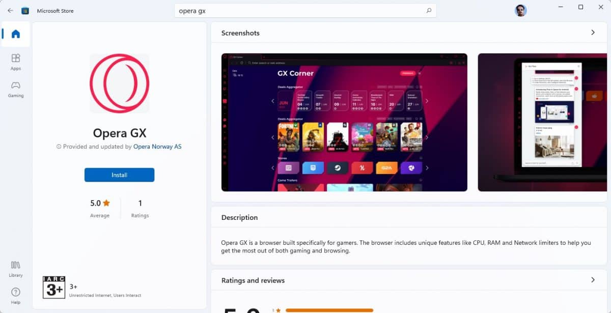 Opera GX is now available in the Microsoft Store