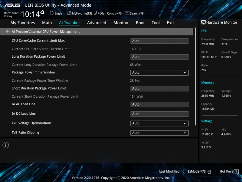 Consumption limits settings on a board with a B460 chipset