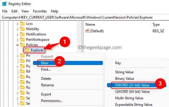 Registry User Software Microsoft Windows Policy Explorer Create new entry Min.