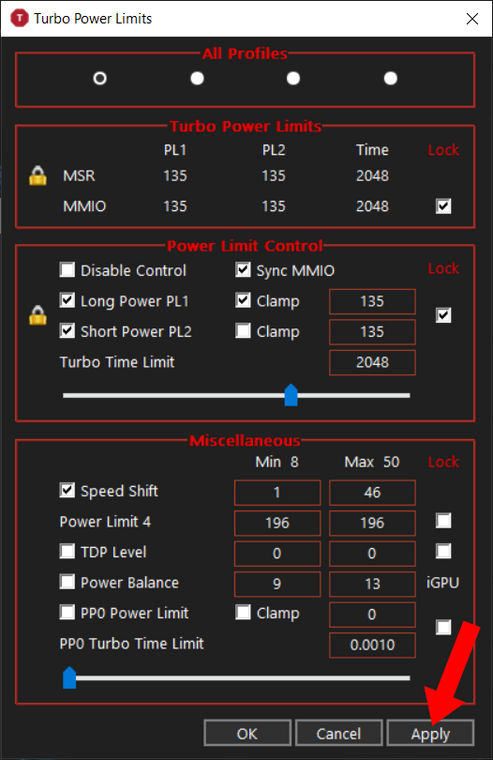 ThrottleStop - apply new settings