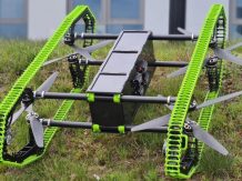 Caterpillars for traversing the terrain and propellers for flying.  Here is the hybrid Polish drone HUUVER