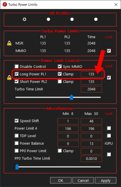 ThrottleStop - raising the long-term power limit in the TPL window