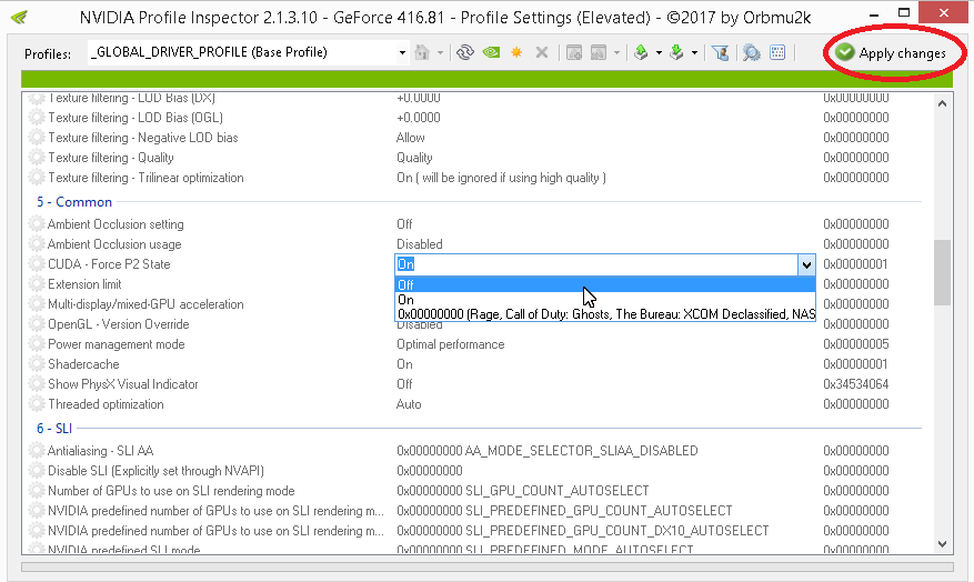 Screenshot of NVIDIA Profile Inspector in CUDA - P2 State Mode Control