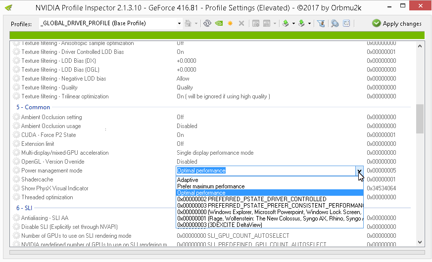 Screenshot of the NVIDIA Profile Inspector in the Performance Mode control section