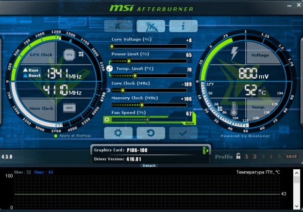 Screenshot of MSI Afterburner when downvolting the P106-100 video card