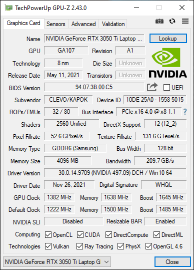 Dream Machines RG3050Ti-15PL26 - GPU-Z - RTX 3050 Ti [85W] specification after increasing GPU and VRAM clocking