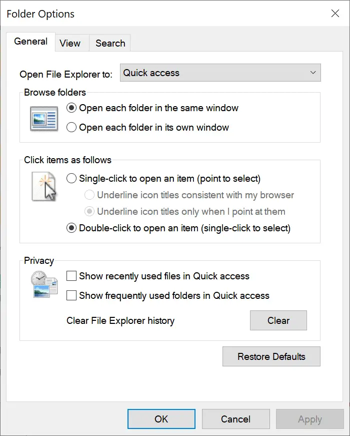 folder options disable quick access