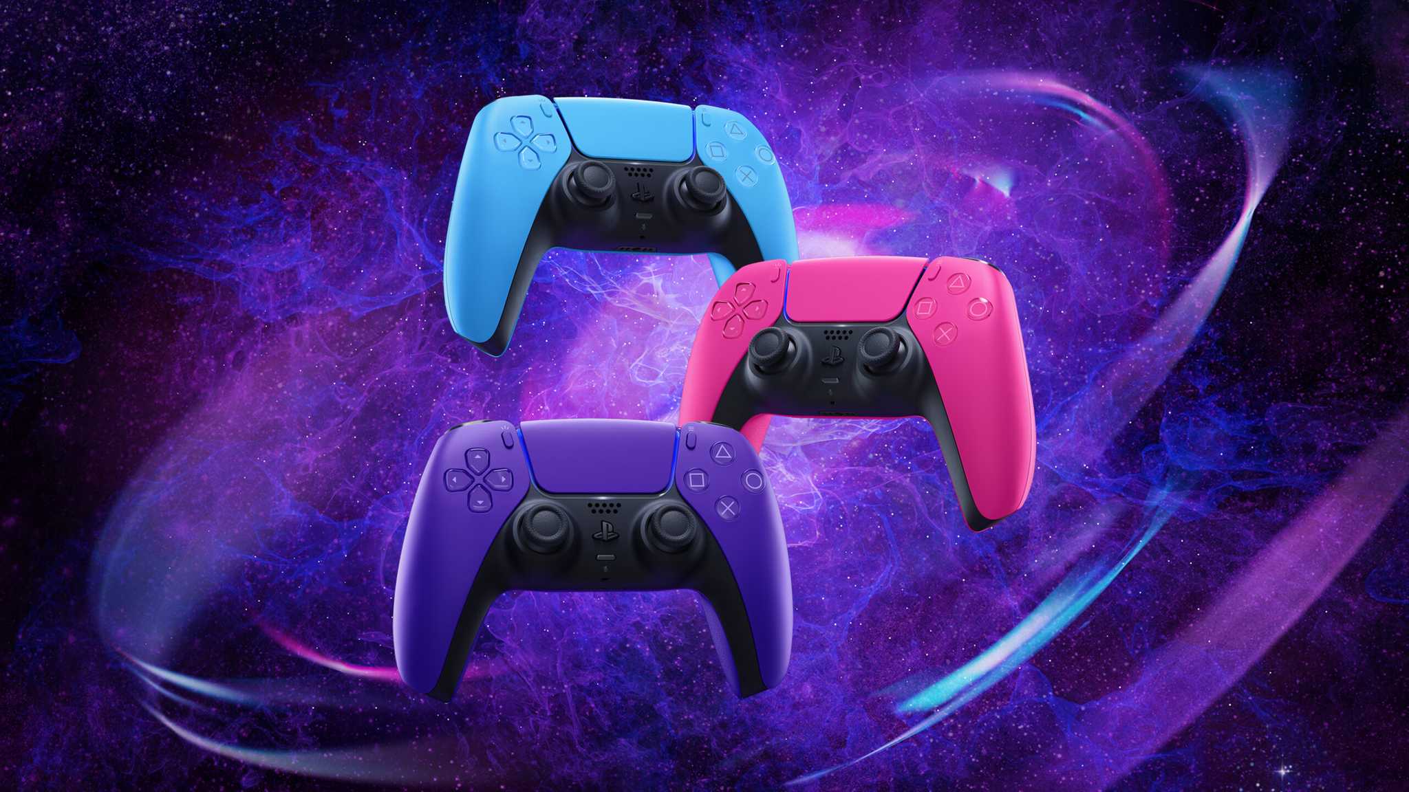 PlayStation DualSense azul, rosa y morado