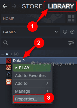 Steam library Select game properties Min.