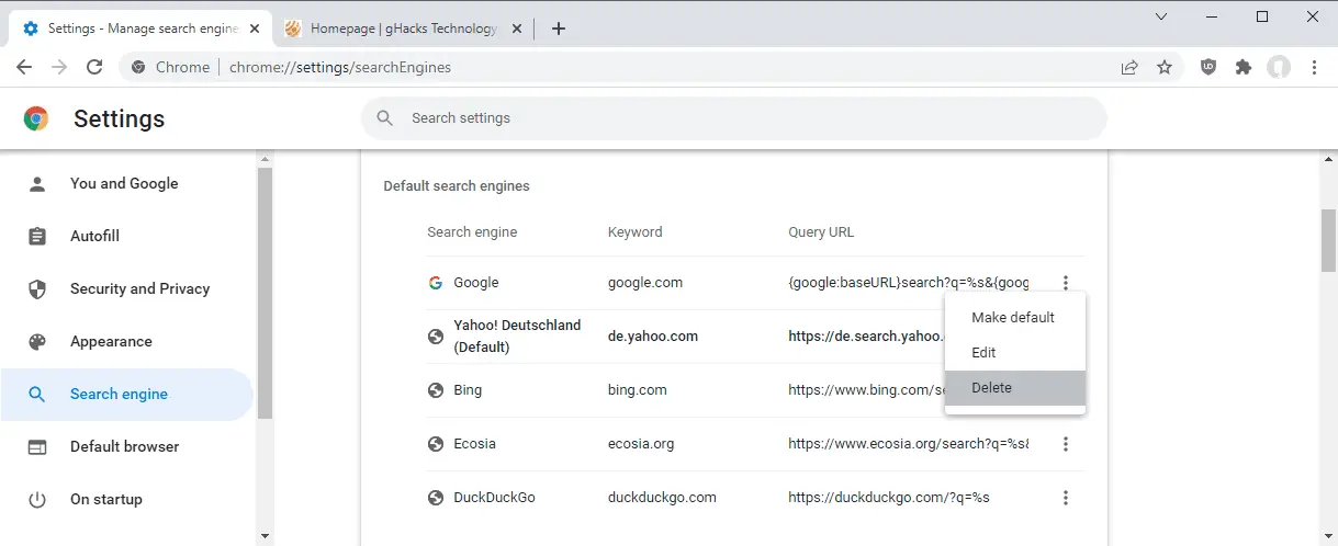 Chrome removes the default search engine