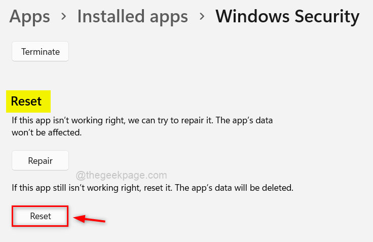 Reset Windows 11zon security app