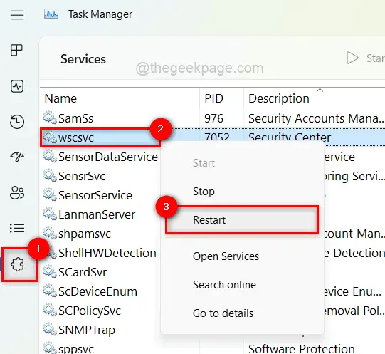 Restart the Windows 11zon Security Center service