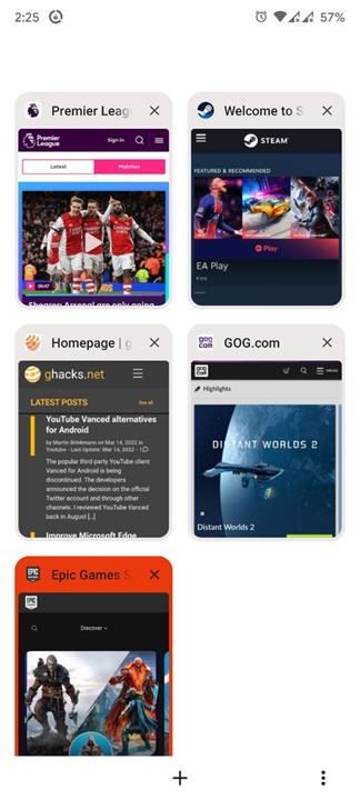 Vista de pila de pestañas de Brave Browser para Android