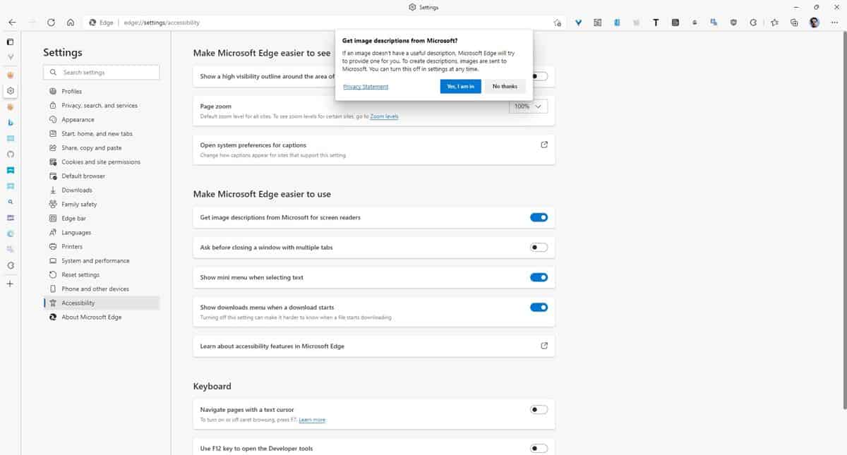 Microsoft Edge ahora puede generar automáticamente etiquetas de imágenes para Narrador y otros lectores de pantalla