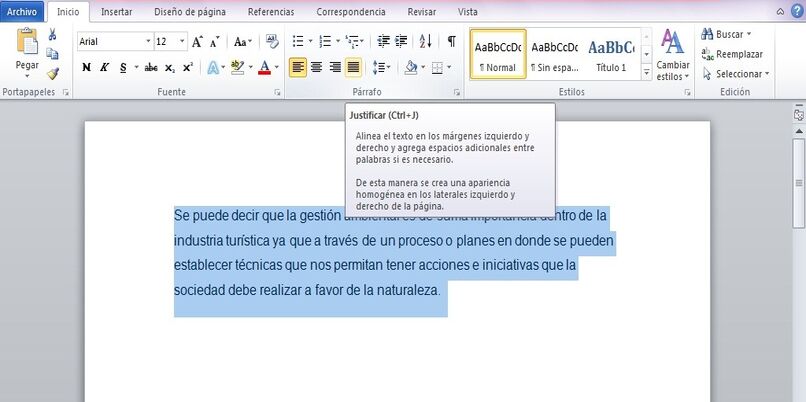 justify the section of a text in word
