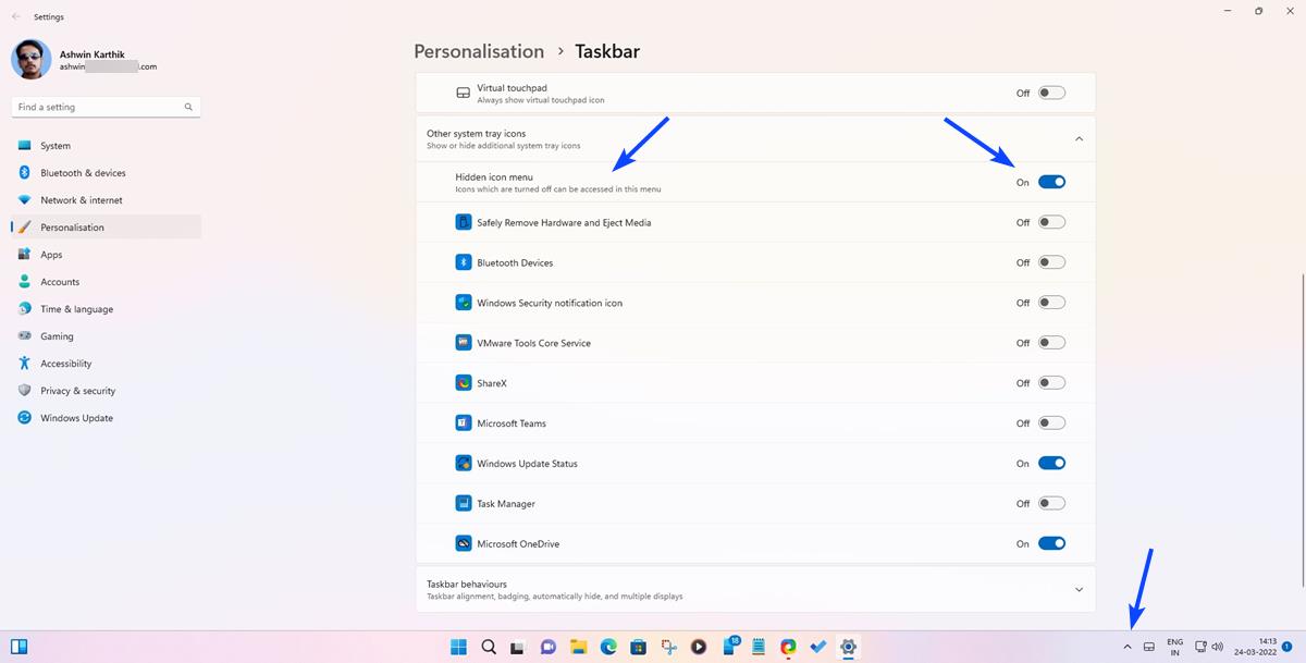Windows 11 hides the hidden icons menu