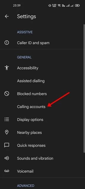 Tap the Calling Accounts option