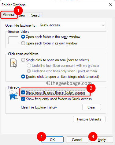 Folder Options Check Show recently used files in Quick Access Min.