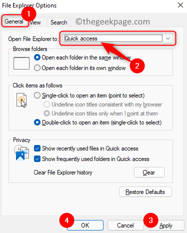 Folder Options Open File Explorer for minimal quick access