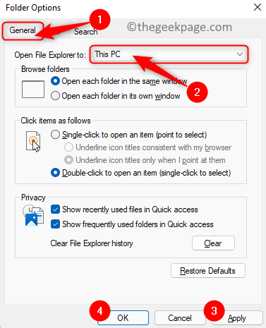 Folder Options General Open File Explorer to this PC Min.