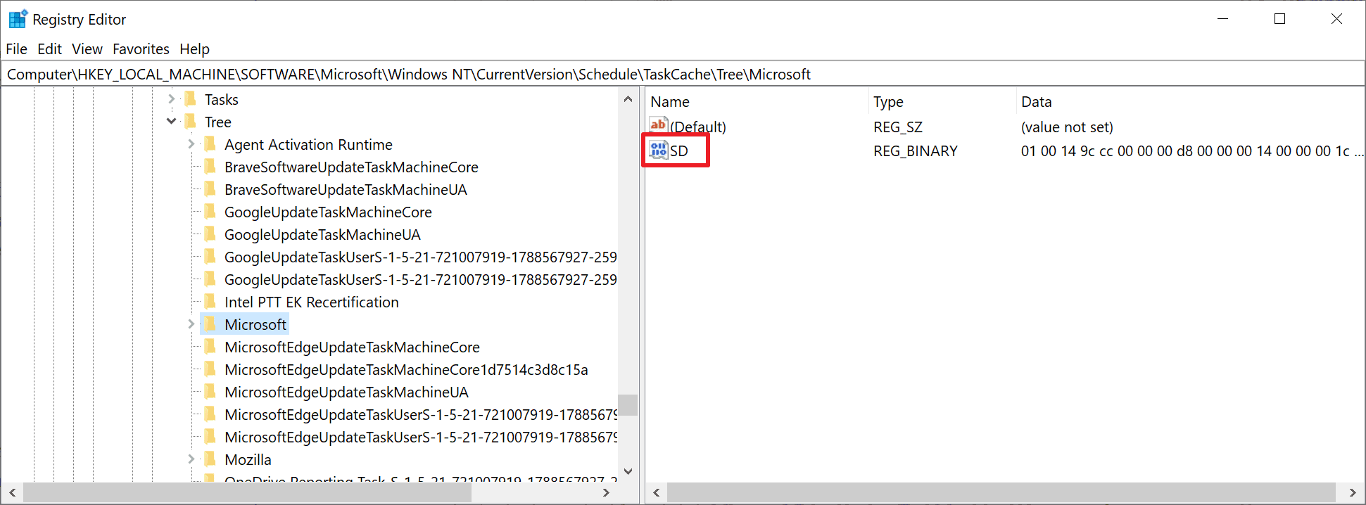 valor de SD de tareas de registro de Windows