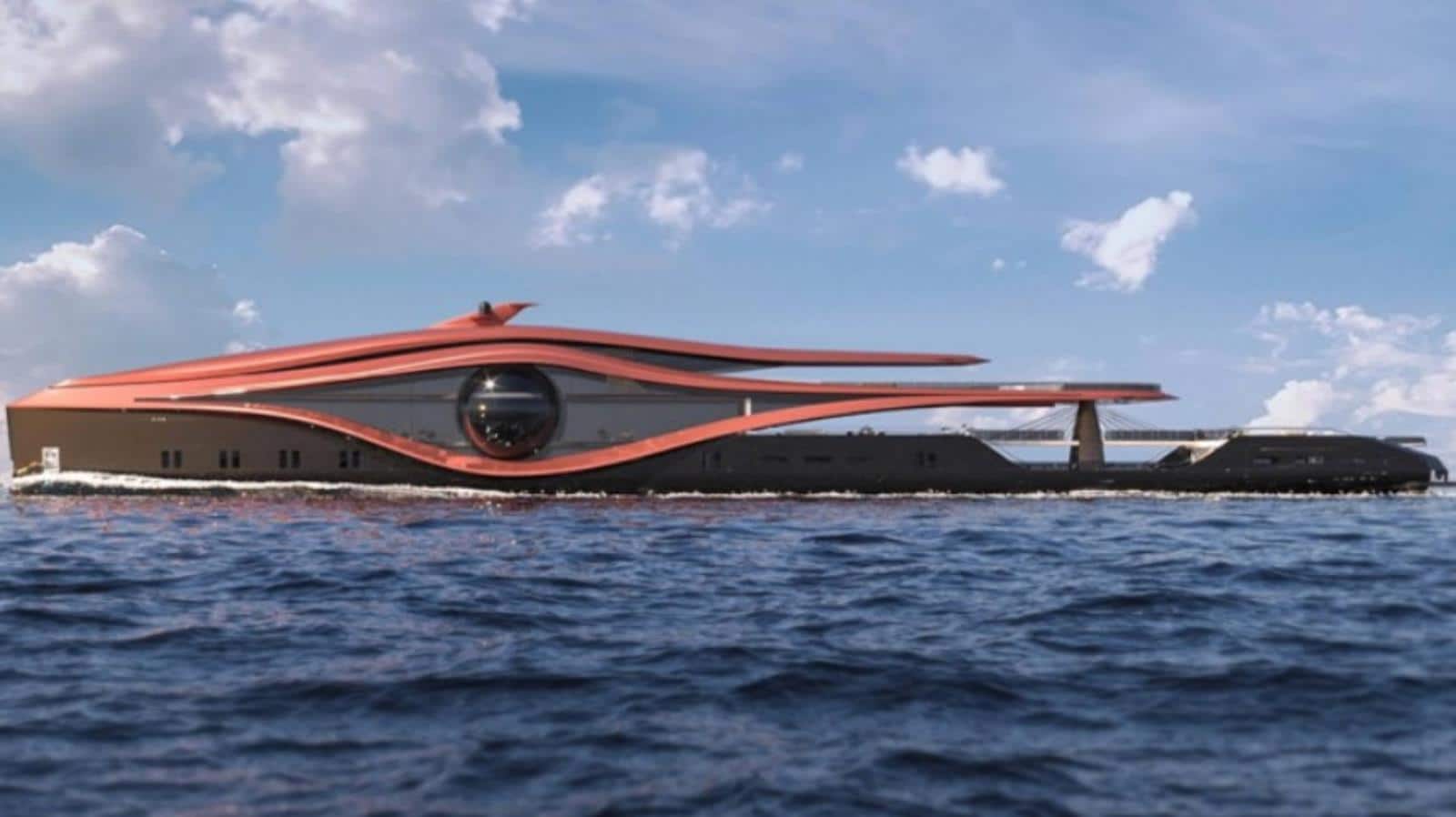 A megayacht with a giant observatory resembling a black hole