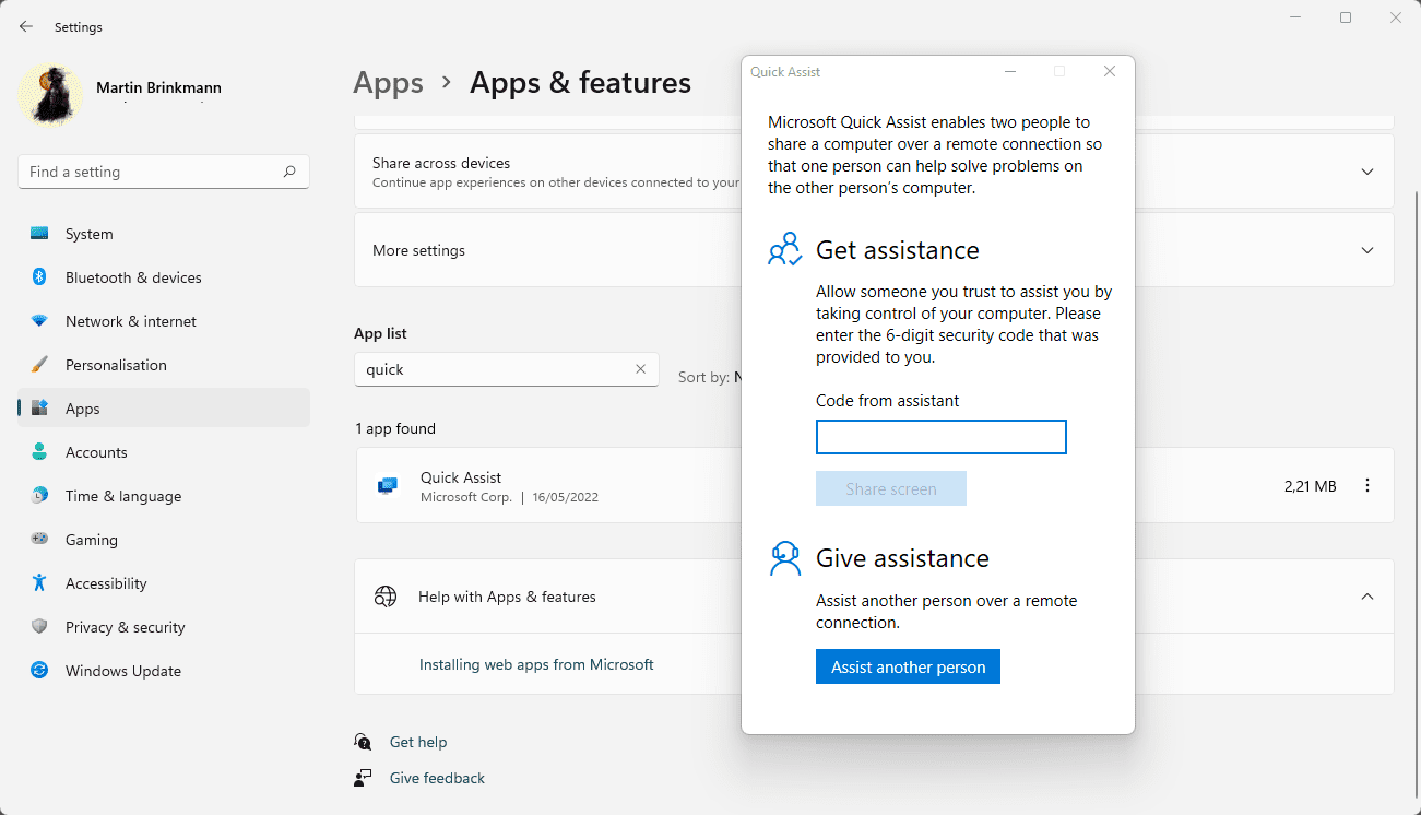 Microsoft replaces the Quick Assist app included with the Microsoft Store version