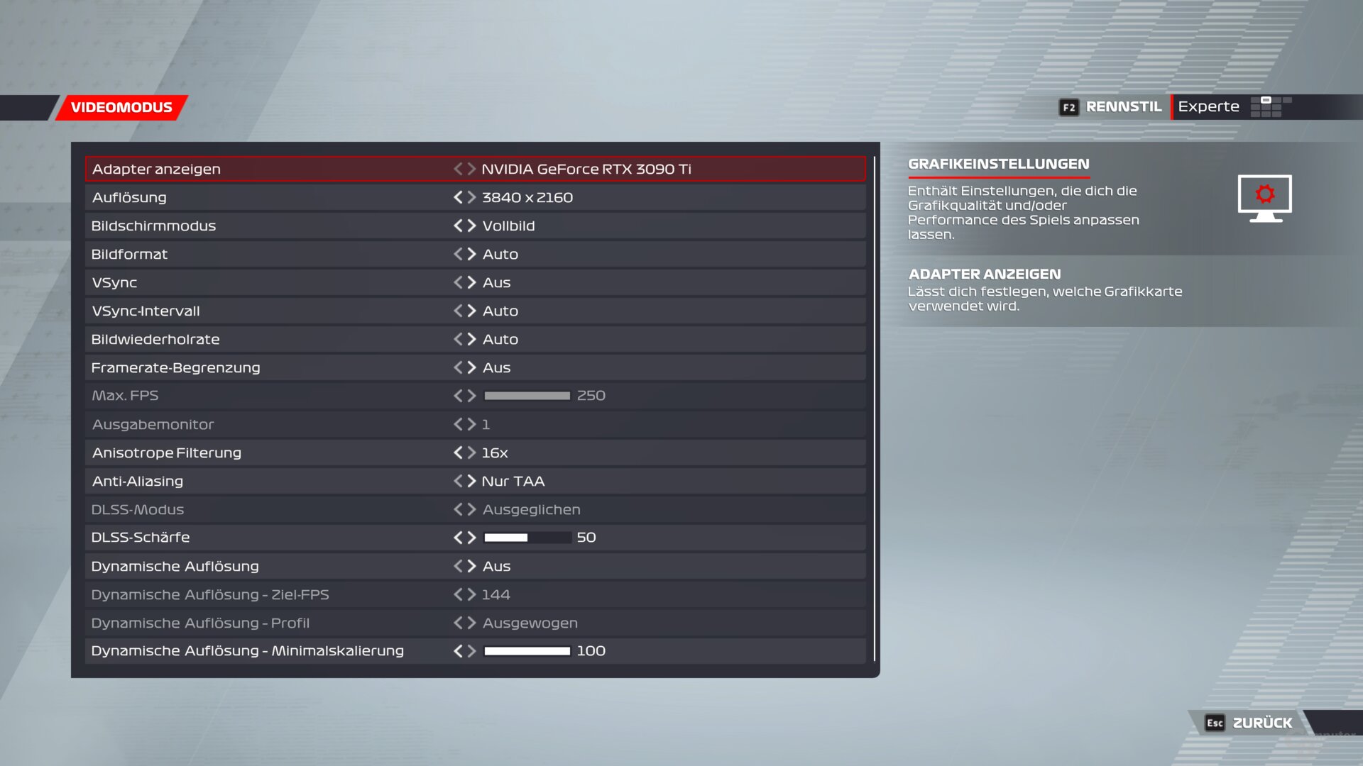 The graphics menu of F1 22