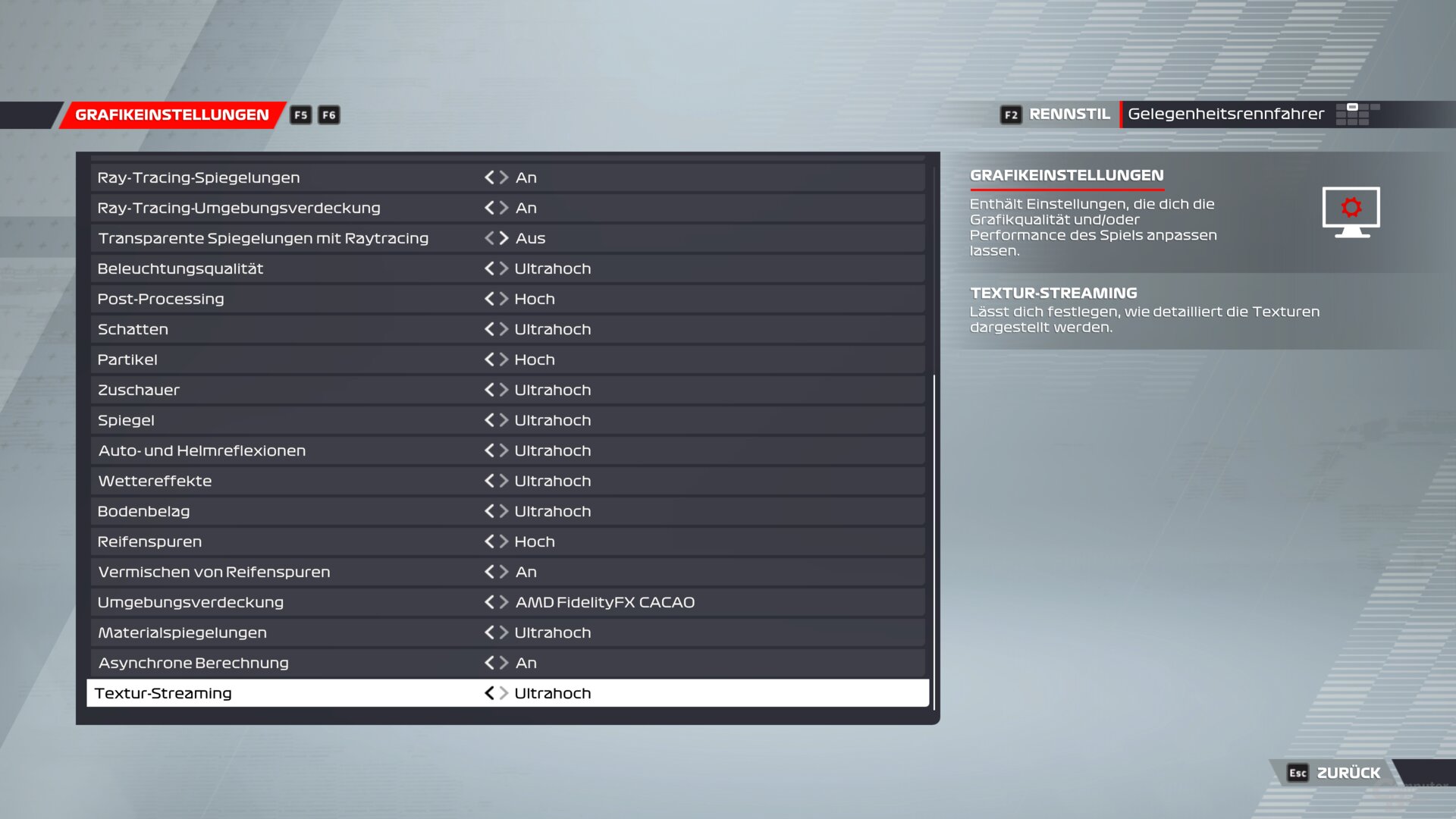 The graphics menu of F1 22