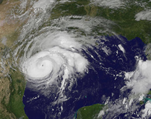 Satellite image of Hurricane Harvey approaching the coast of the Texas Gulf, USA.  August 25, 2017