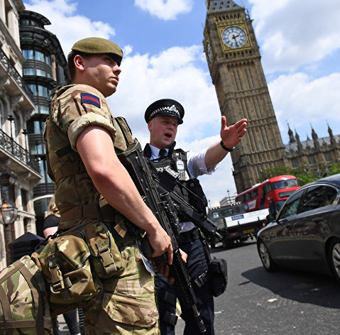 British police and military outside the Houses of Parliament in London.  May 24, 2017