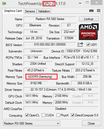Memory on video card RX 580 samsung